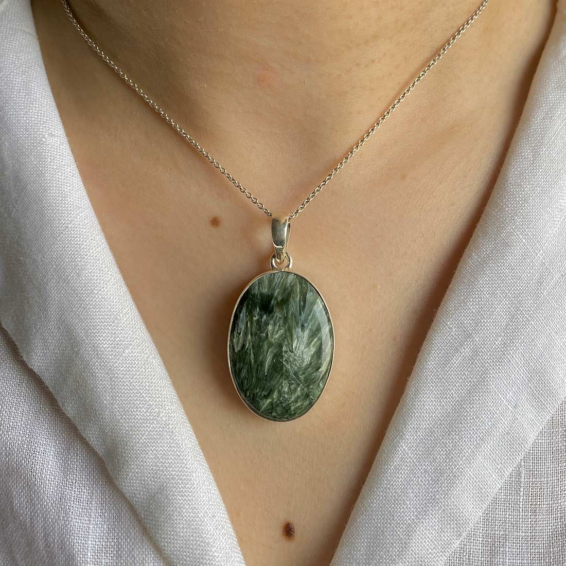 Premium Seraphinite Silver Pendant - Elegant Statement Piece