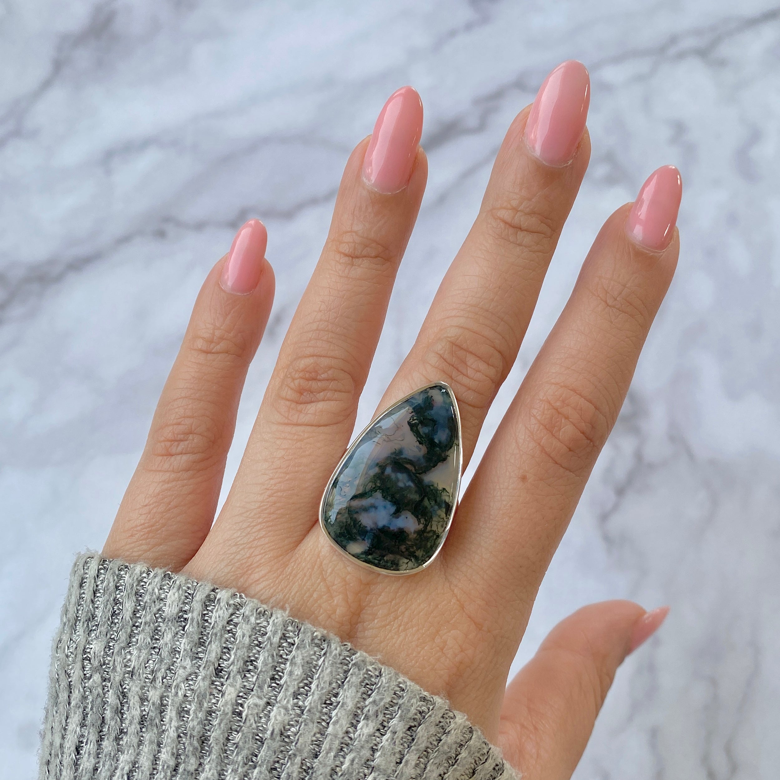 Premium Moss Agate Adjustable Ring - MOA-R-27 | Elegant Sterling Silver Jewelry