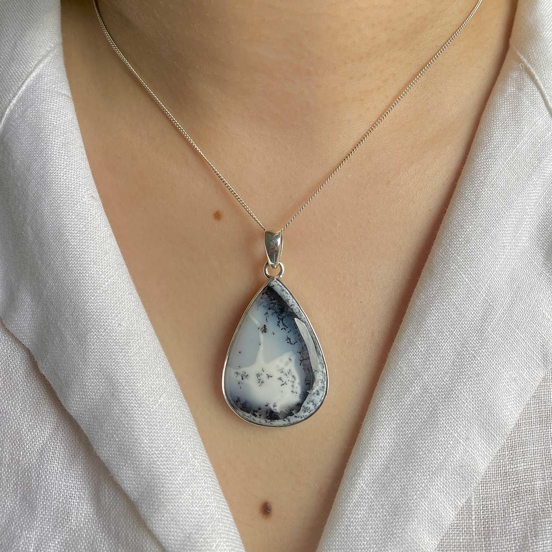 Premium Dendritic Agate Pendant - Elegant Silver Statement Piece