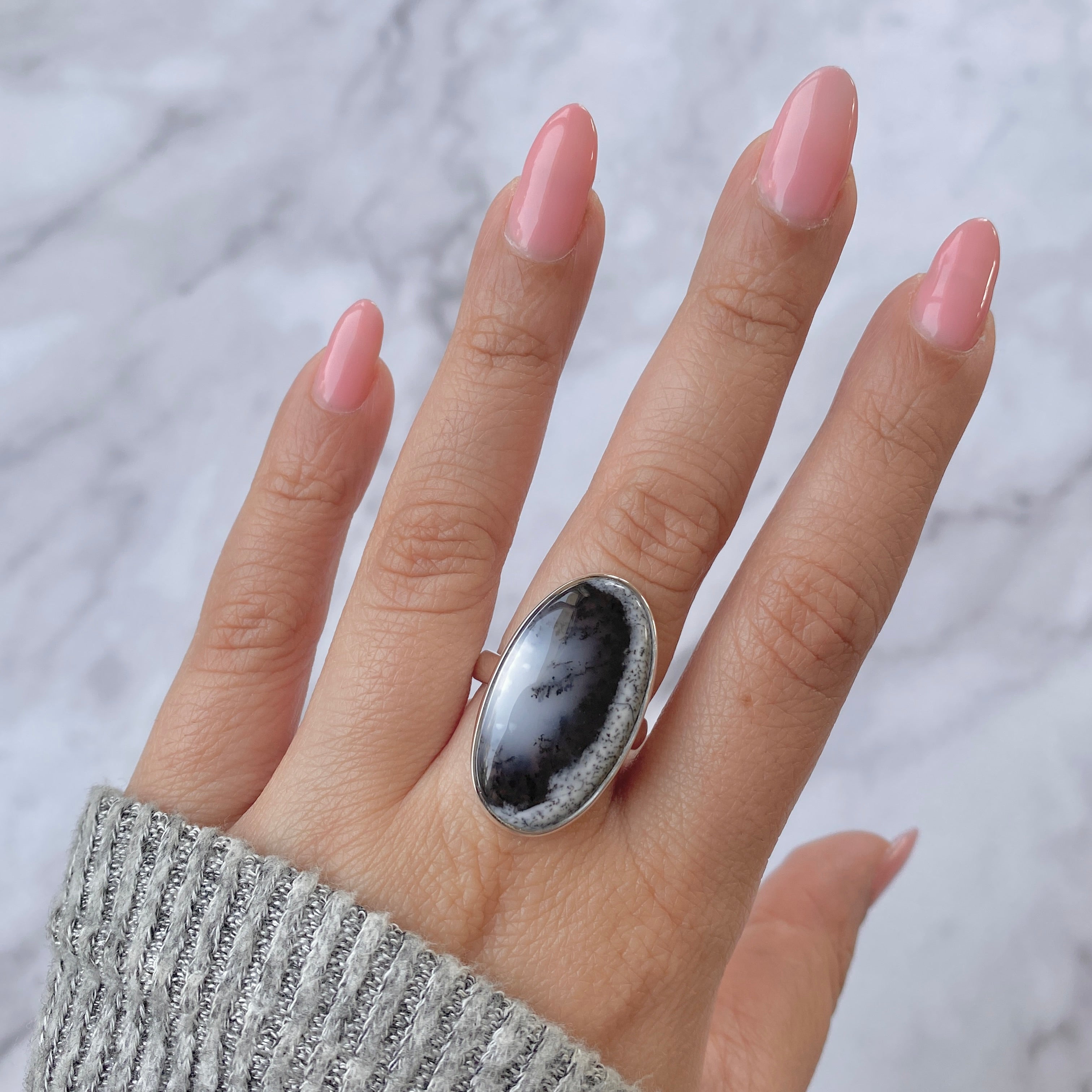 Premium Dendritic Agate Adjustable Ring - Elegant Statement Jewelry