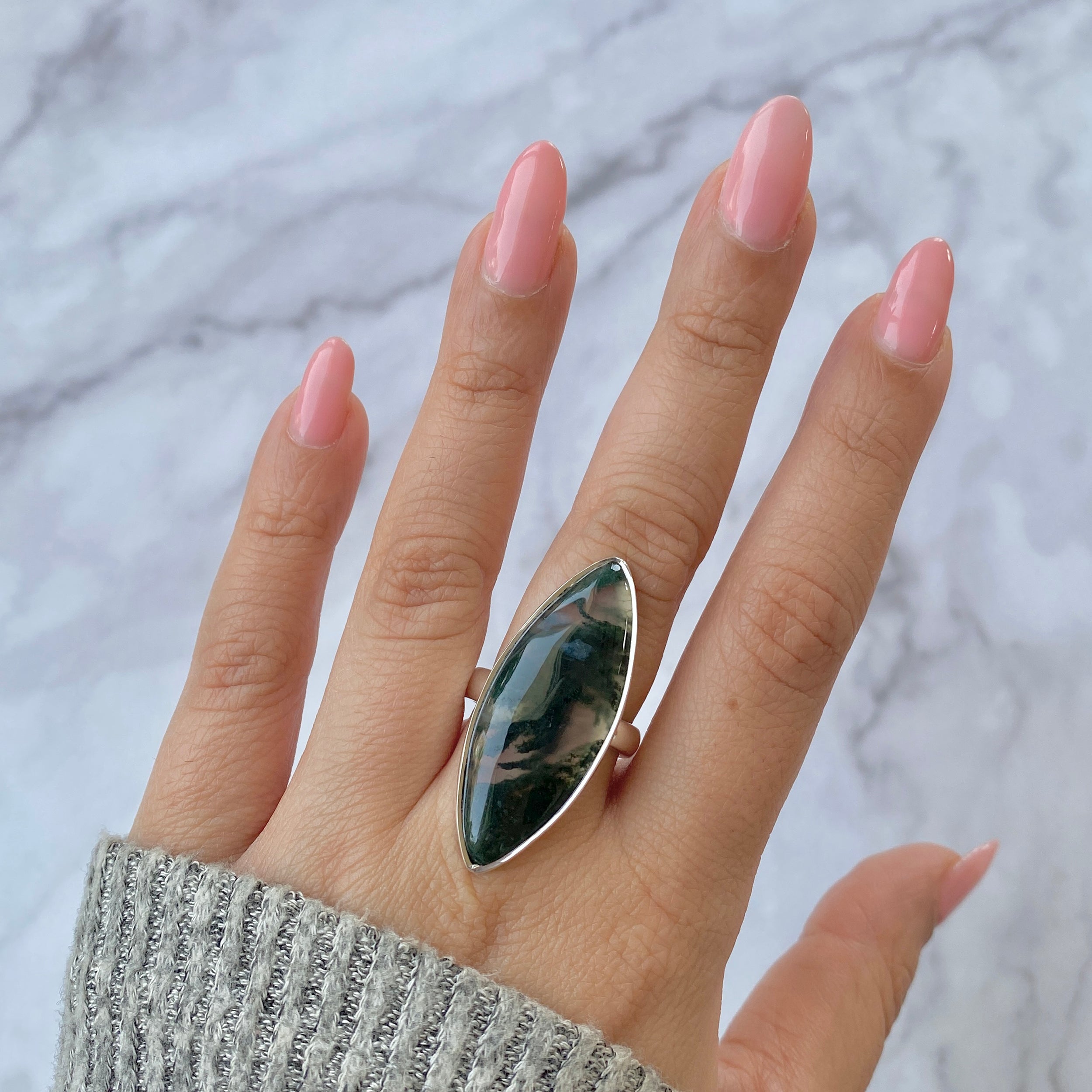 Premium Moss Agate Statement Ring - Adjustable Sterling Silver (MOA-R-23)