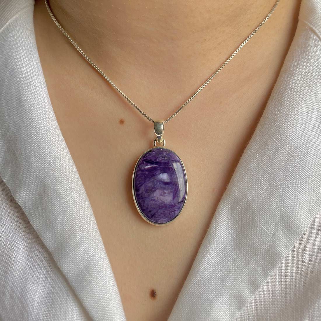 Premium Charoite Silver Pendant - Elegant Purple Gemstone Jewelry