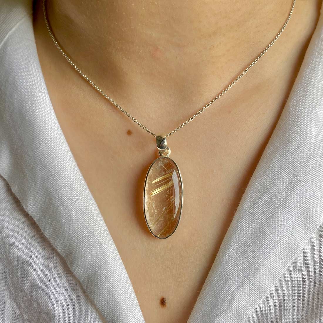 Premium Golden Rutile Pendant - Elegant 925 Sterling Silver Jewelry