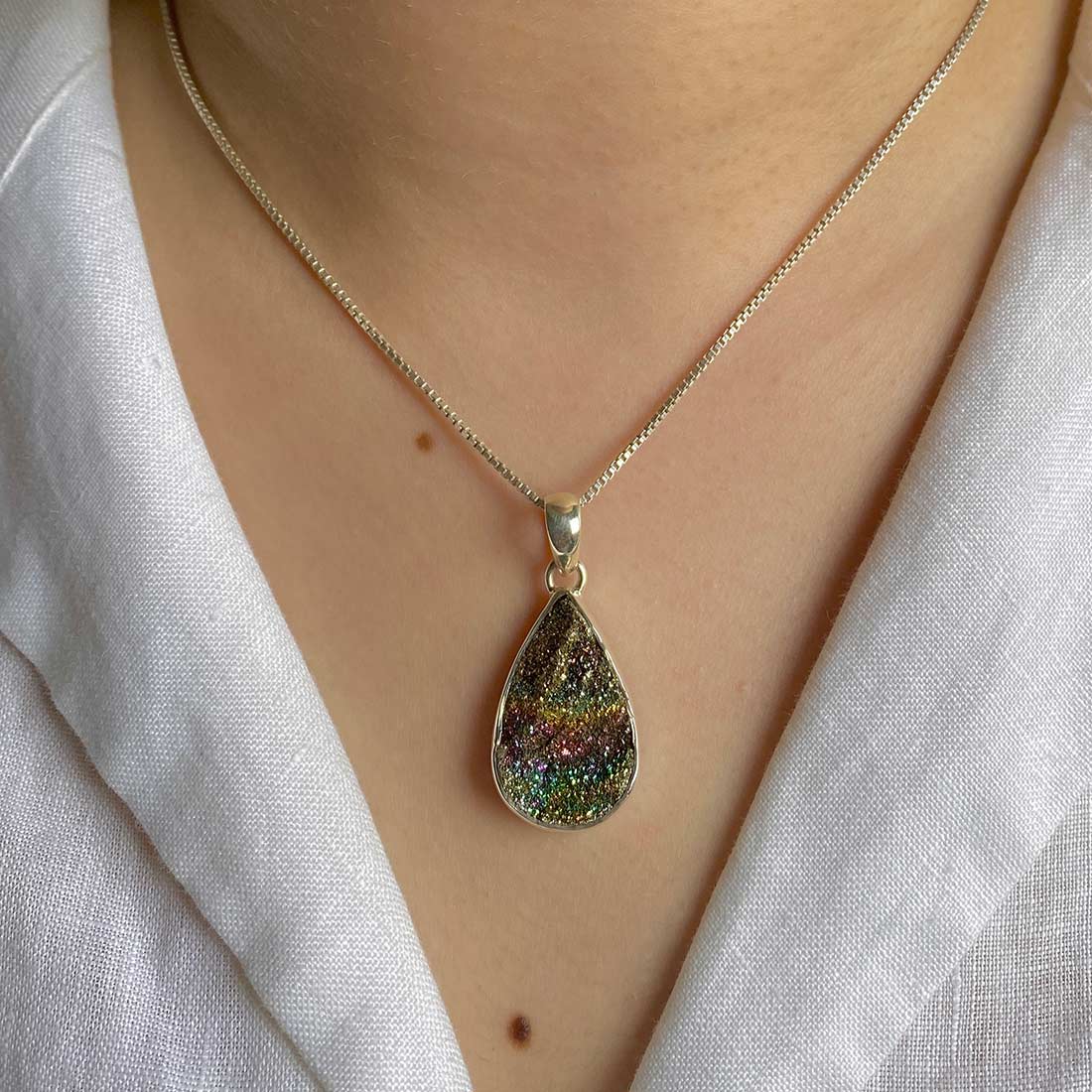 Premium Spectropyrite Druzy Pendant - Elegant Silver Statement Piece